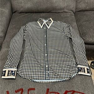 Women’s custom Houndstooth hidden zipper Shirt in Navy, tan, black & White